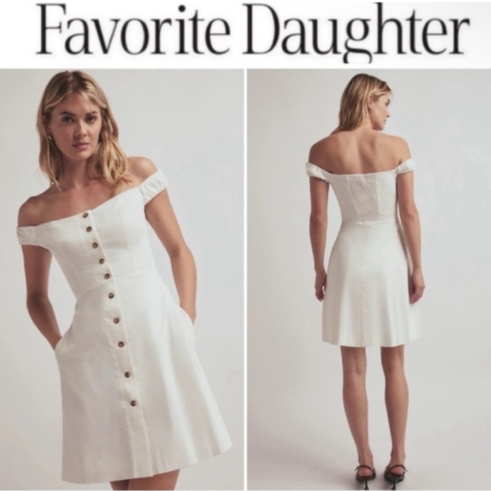 Favorite Daughter Off-Shoulder White Button-Front Mini Dress